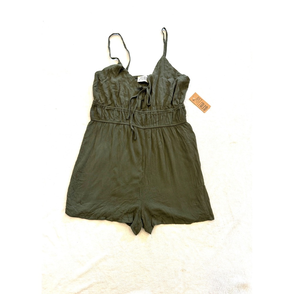 Just Found Olive Green Textured Romper Women 1X Smocked Waist Tie Front Rayon